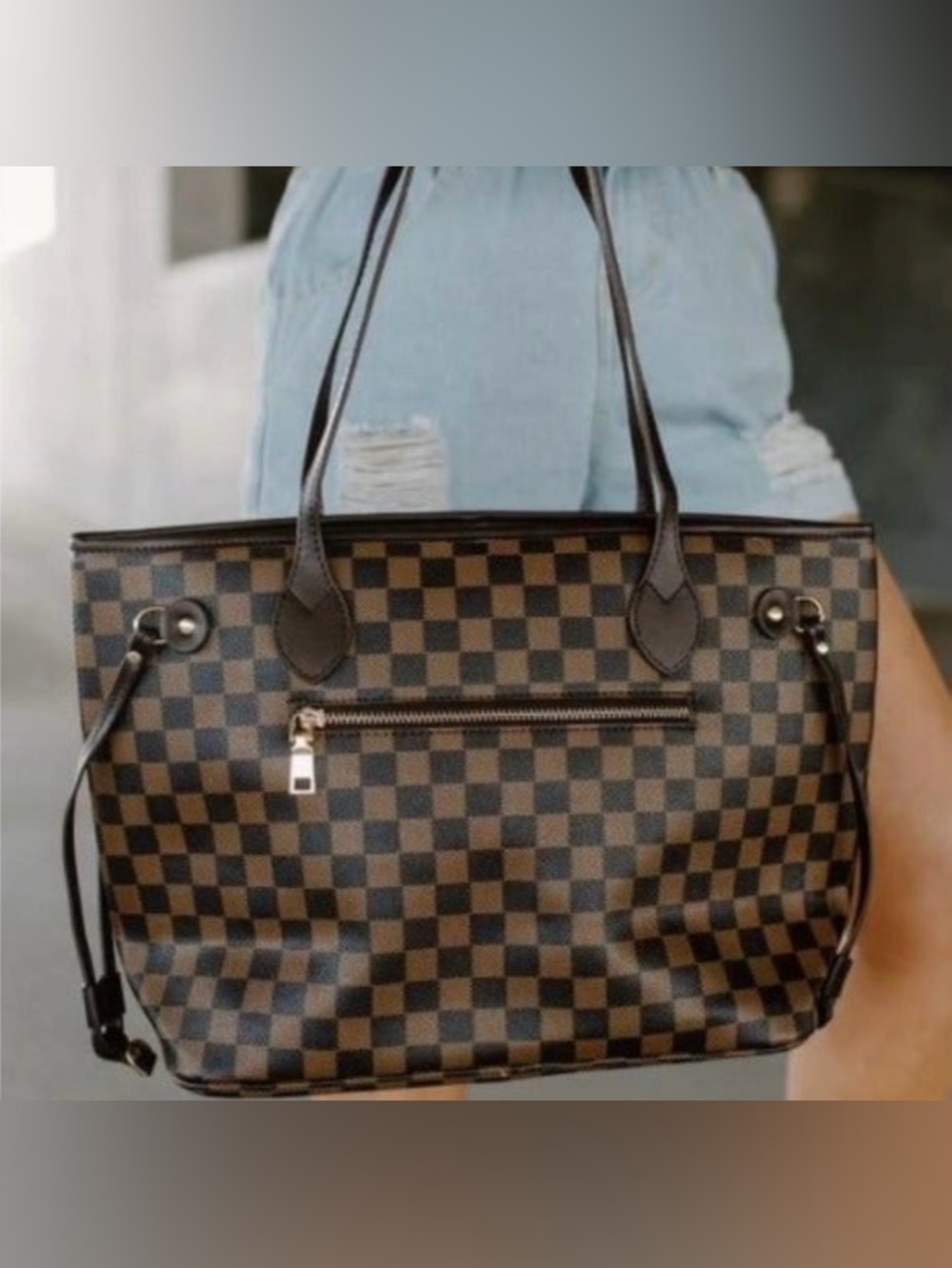Brown Checkered Tote Handbag with Zippered Pouch - Picture 2 of 5